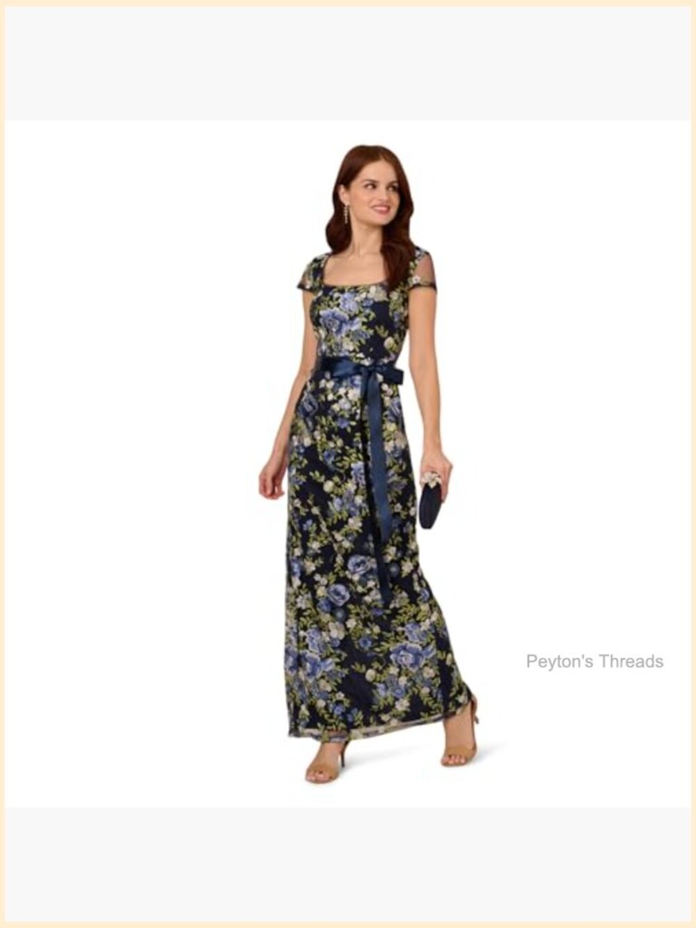 Embroidered Floral Maxi Column Gown Square Neck Cap Sleeve Formal - Picture 3 of 5